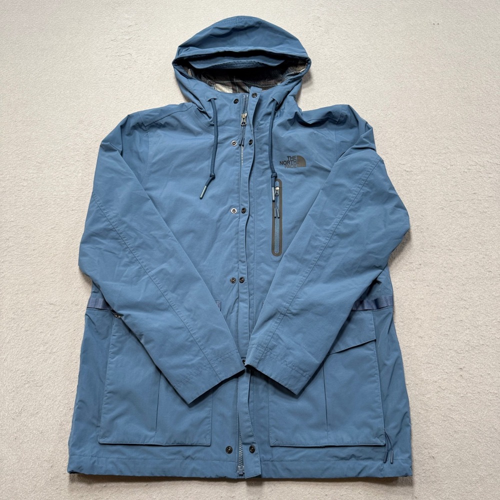 The North Face Jacket Men's Large Blue Plaid Lined Hooded Windbreaker Parka Coat
